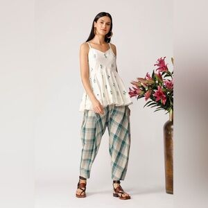 Anthropologie Cream Peplum Tank with Teal Embroidery